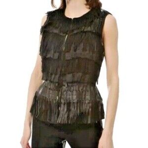 Elie Tahari Leather Silk XS Fringe Western brown layered cinched waist Rare Vest